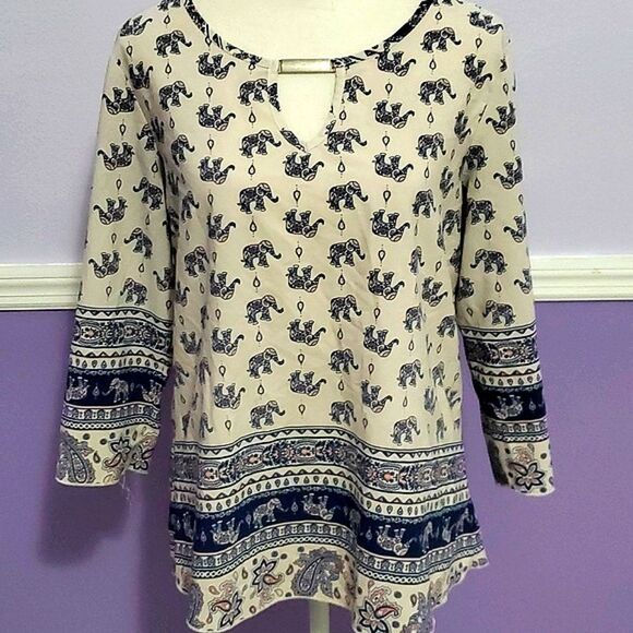 Lodys Cream Elephant Boho Hippie 3/4 Sleeves Retro Boxy Top - Picture 1 of 8